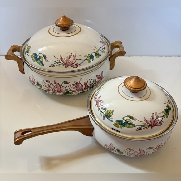 Vintage German ASTA Enamelware Brass Handle Sauce Pan Pot 4pc Set - Picture 1 of 11